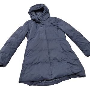 Uniqlo seamless down mid length navy blue long puffer parka coat jacket
